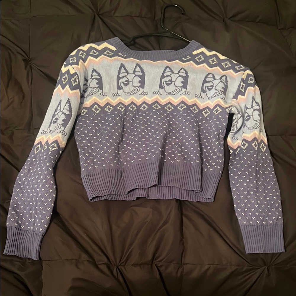Purple and Blue Cropped Sweater with Owl Design